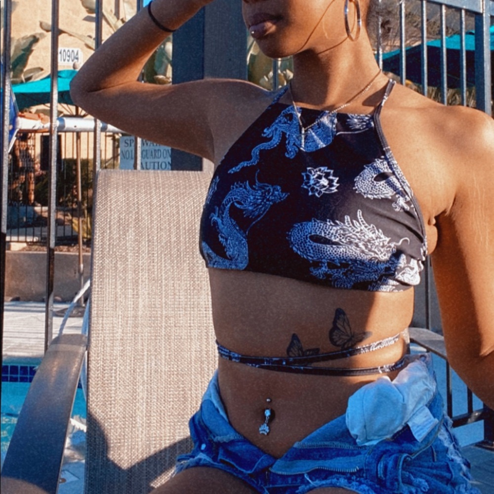 Large dragon black and white bathing suit top